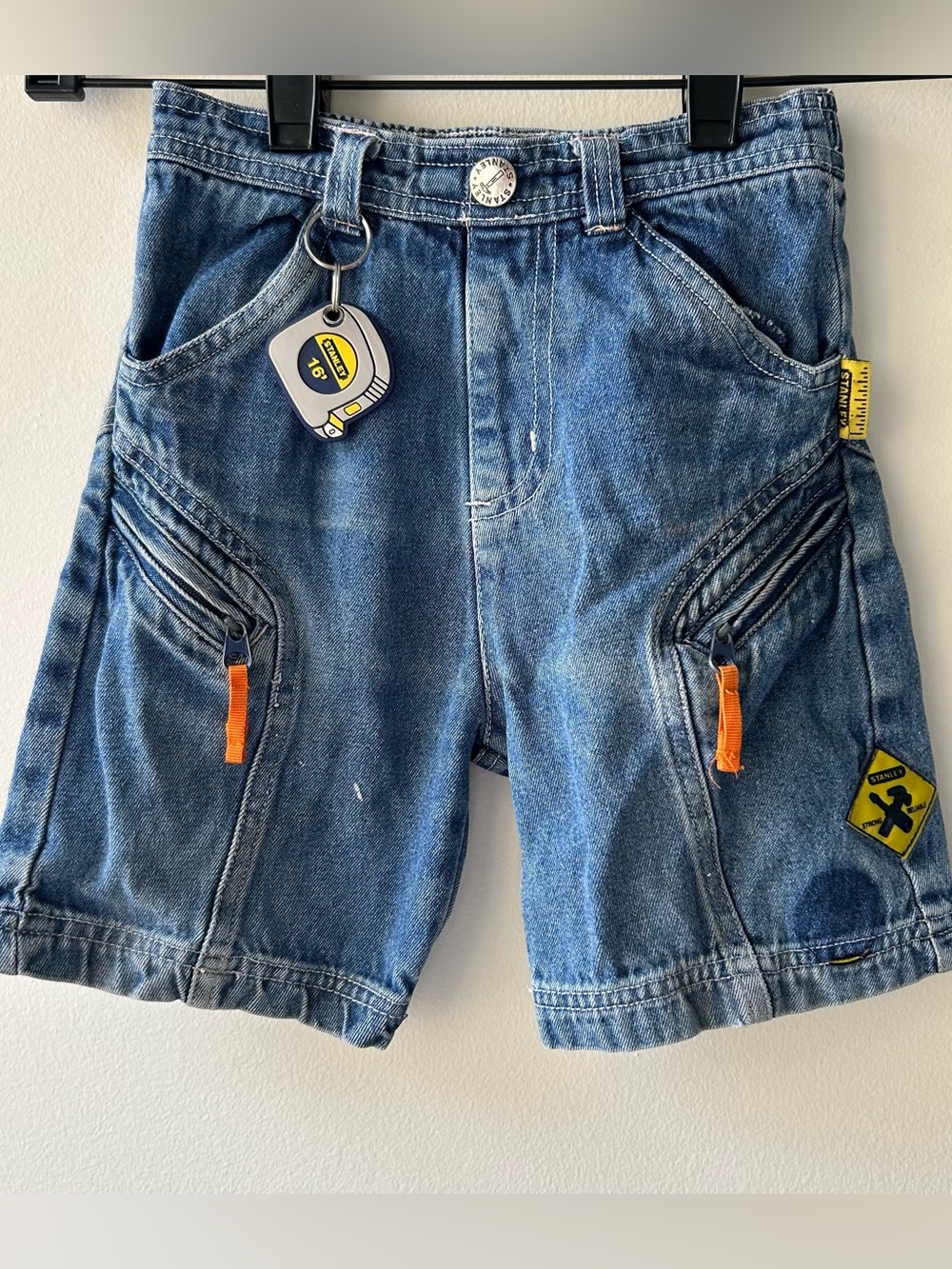 3T VTG Stanley Workwear Boys Denim Cargo Shorts Y2K Tape Measure Jorts